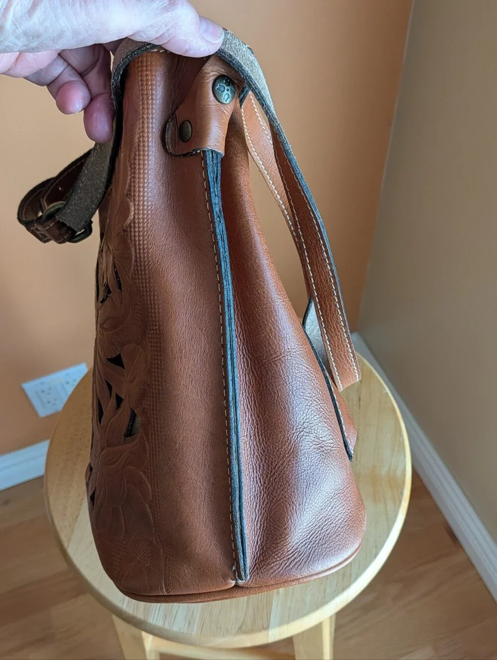 Patricia Nash Hand-Tooled Floral Leather Crossbody Bag - Brown Made in Italy